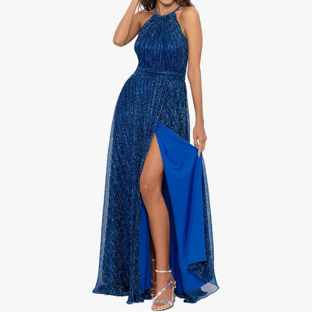 Betsy & Adam Blue Mila Sleevess Halter Metallic Dress Gown Size 6 NWT Formal